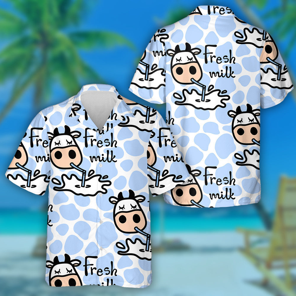 Cow Drinking Tasty Milk On Cow Spot Background Hawaiian Shirt, Hawaiian Shirt Gift, Christmas Gift