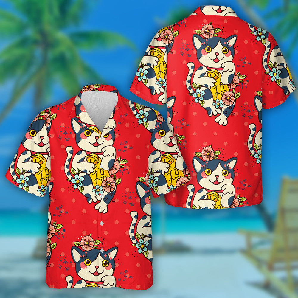 Happy Japanese Cat Maneki Neko Blooms Tattoo Style Hawaiian Shirt, Hawaiian Shirt Gift, Christmas Gift
