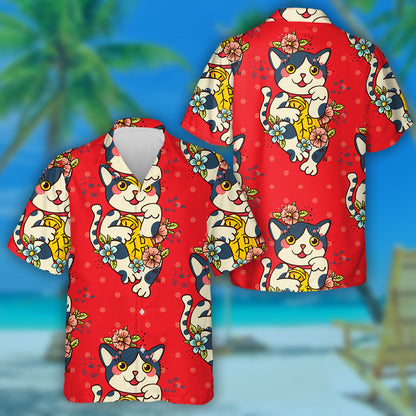 Happy Japanese Cat Maneki Neko Blooms Tattoo Style Hawaiian Shirt, Hawaiian Shirt Gift, Christmas Gift