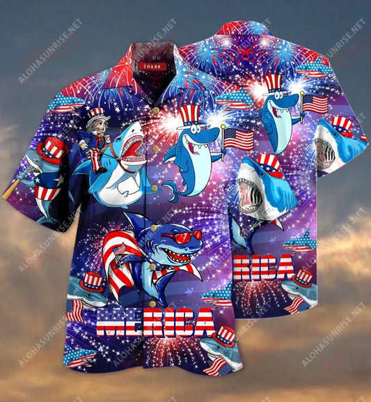Shark Merica Patriotic Short Short Sleeve Shirt Ocean Hawaiian T Shirts Vintage Hawaiian Shirts Hawaiian Shirt Pattern, Hawaiian Shirt Gift, Christmas Gift