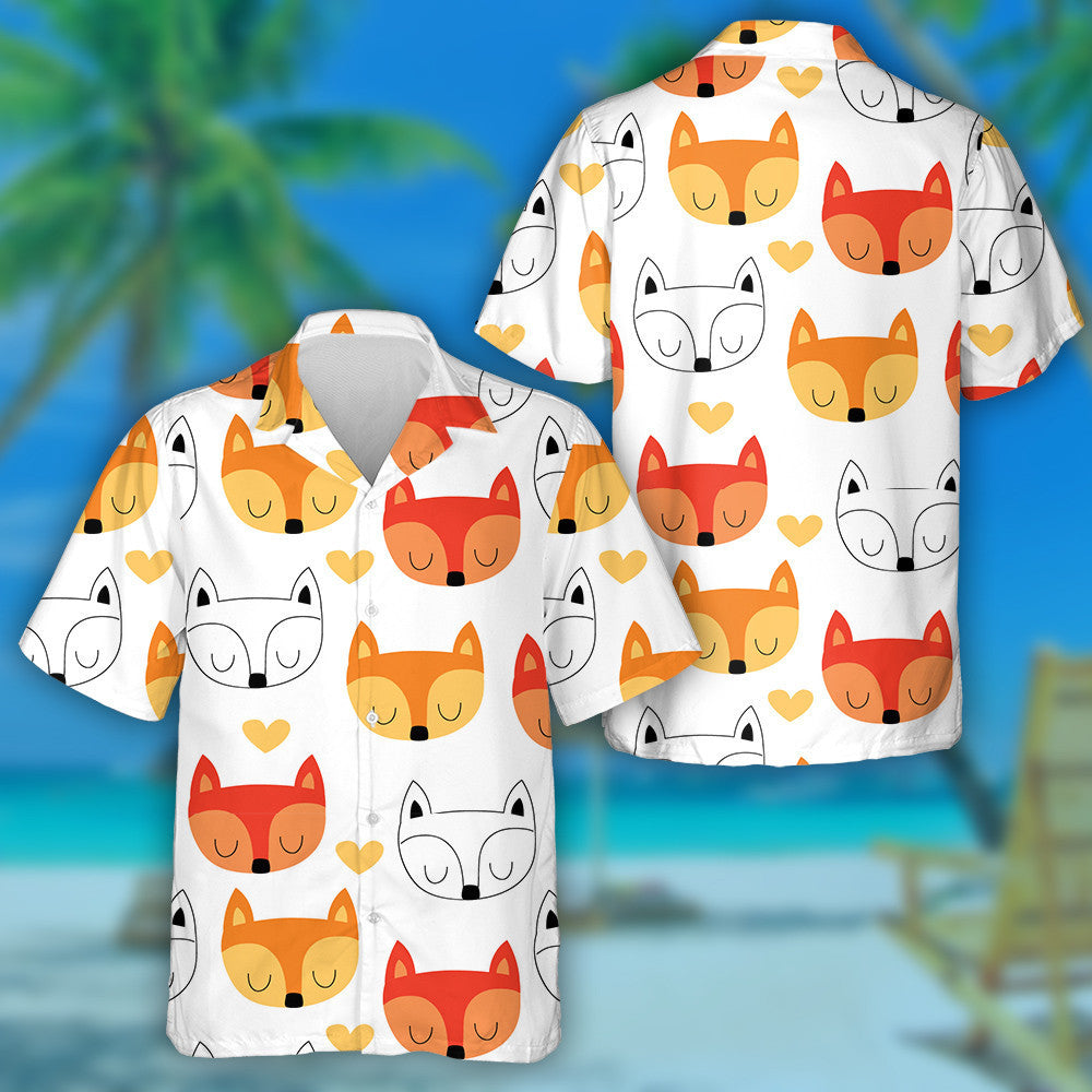 Sketch Lovely Face Of Cartoon Fox And Hearts Pattern Hawaiian Shirt, Hawaiian Shirt Gift, Christmas Gift