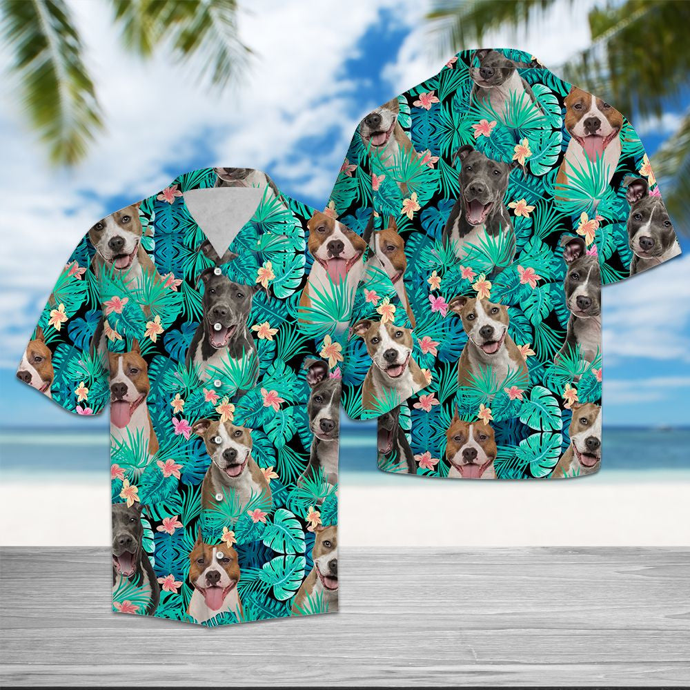 American Staffordshire Terrier With Plumeria And Leaves Hawaiian Shirt, Hawaiian Shirt Gift, Christmas Gift