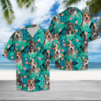 American Staffordshire Terrier With Plumeria And Leaves Hawaiian Shirt, Hawaiian Shirt Gift, Christmas Gift