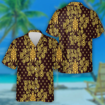 Sea Batik Theme With Gold Turtle On Brown Hawaiian Shirt, Hawaiian Shirt Gift, Christmas Gift