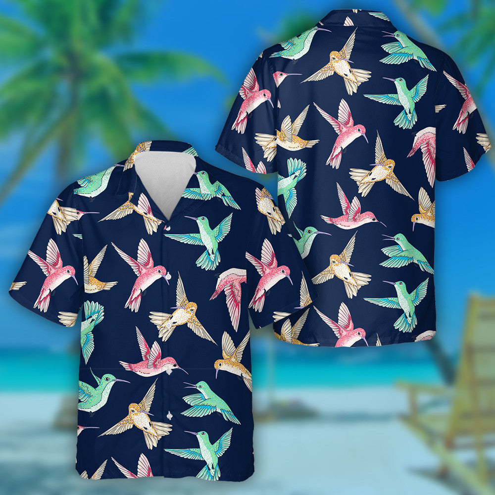 Colorful Flying Birds On Dark Blue Background Hawaiian Shirt, Hawaiian Shirt Gift, Christmas Gift