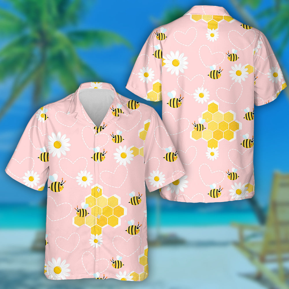 Bees In Daisy Flower Garden On Pink Background Hawaiian Shirt, Hawaiian Shirt Gift, Christmas Gift