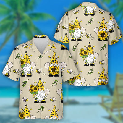 Cartoon Doodle Gnomes Bees And Sunflowers Hawaiian Shirt, Hawaiian For Gift