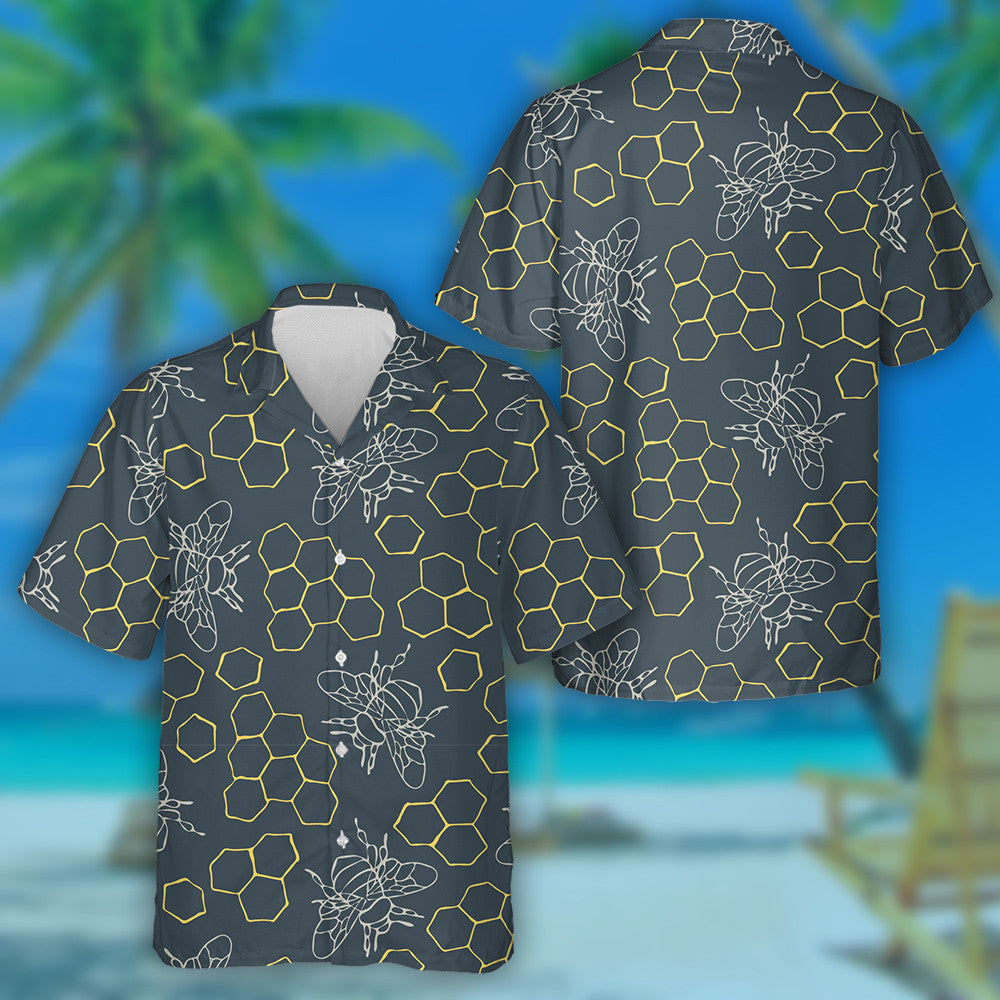 Natural Summer Honeycomb And Bumblebees On Teal Blue Hawaiian Shirt, Hawaiian Shirt Gift, Christmas Gift