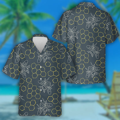 Natural Summer Honeycomb And Bumblebees On Teal Blue Hawaiian Shirt, Hawaiian Shirt Gift, Christmas Gift