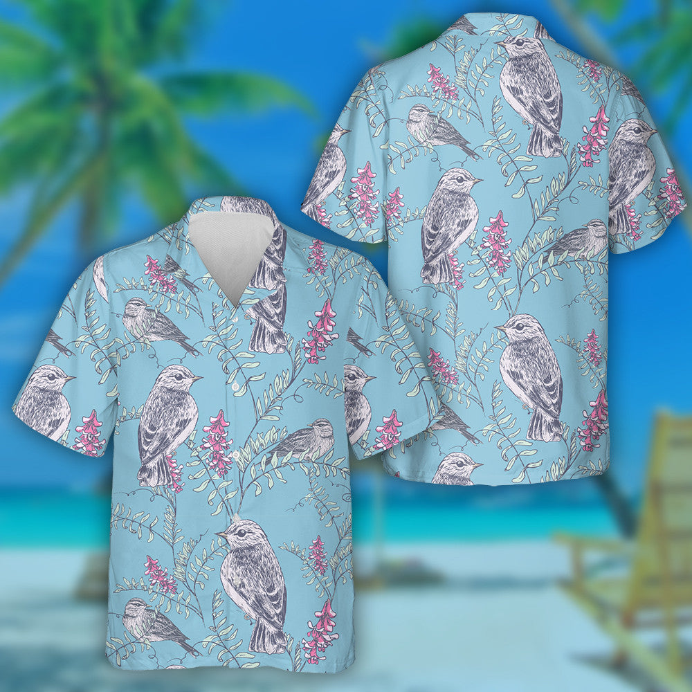 Retro Background With Birds Perched On Flower Branch Hawaiian Shirt, Hawaiian Shirt Gift, Christmas Gift