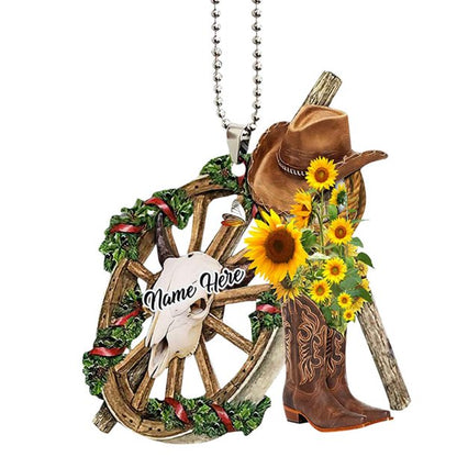 Personalized Cowboy Cowgirl Sunflower Hat Boots Car Hanging Ornament, Christmas Decoration