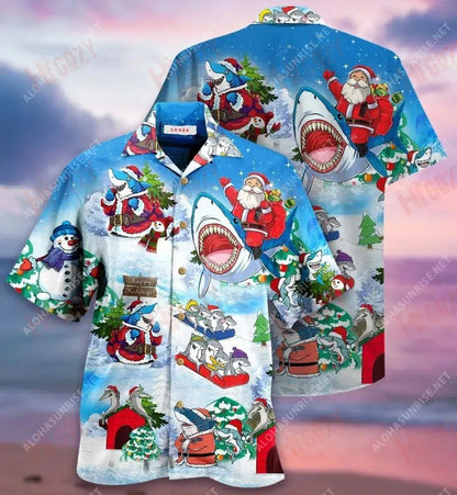 Christmas Shark Short Hawaiian Shirt Summer Short Sleeve Hawaiian Crazy Shirts Hawaiian Shirts For Men, Hawaiian Shirt Gift, Christmas Gift