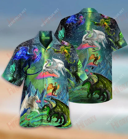 Dragons In Northern Lights Unisex Short Hawaiian Shirt Vacation Hawaiian T Shirts Best Hawaiian Shirts Crazy Shirts Hawaii, Hawaiian Shirt Gift, Christmas Gift