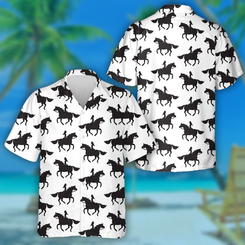 Cowboy Girl Woman Riding Running Horse Silhouette Hawaiian Shirt, Hawaiian Shirt Gift, Christmas Gift