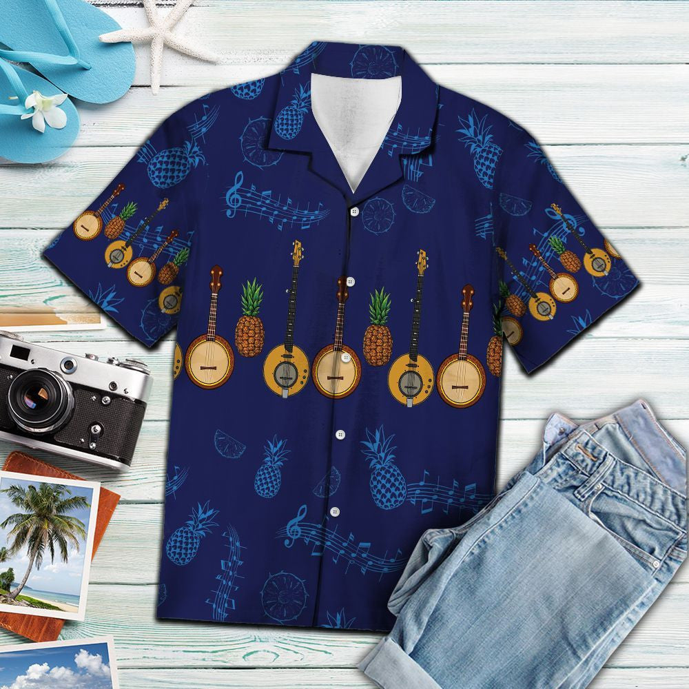Vintage Banjo Musical Instrument Pattern Hawaiian Shirt, Hwaiian For Gift