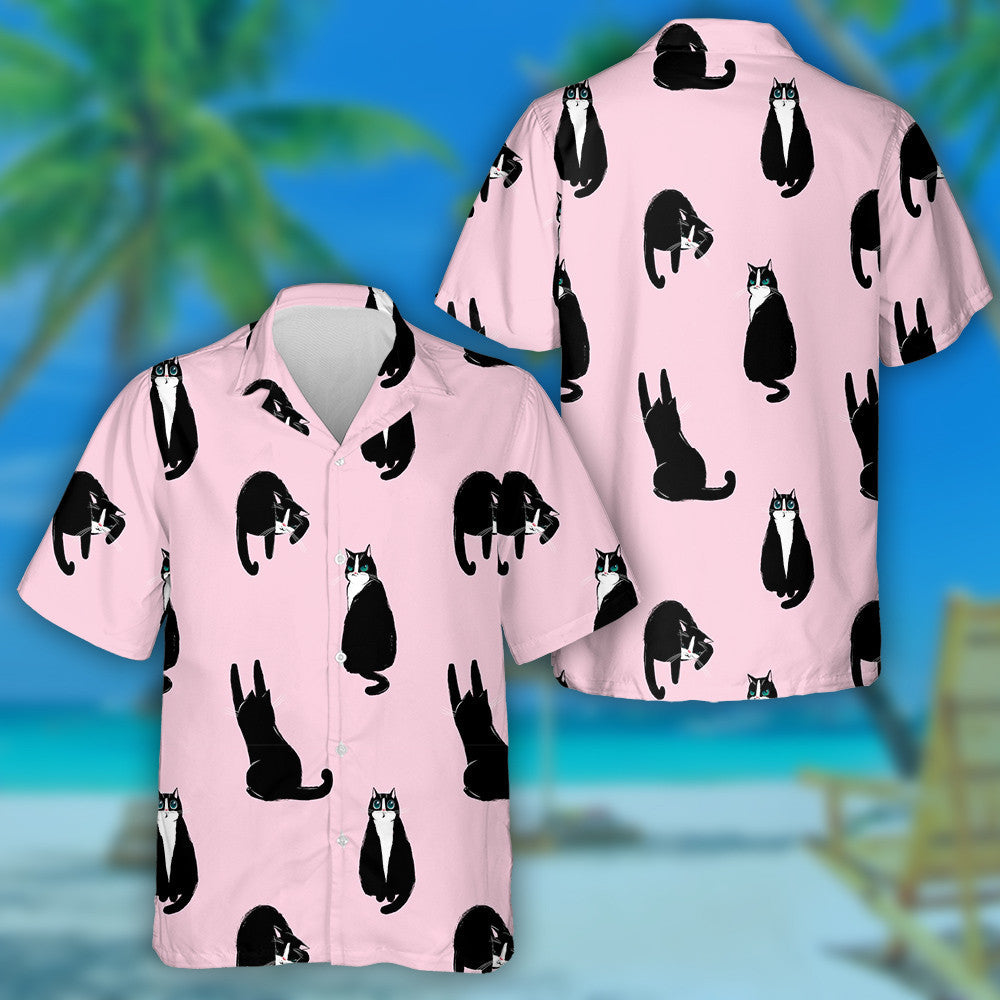 Black Cats With Green Eyes On A Pink Background Hawaiian Shirt, Hawaiian Shirt Gift, Christmas Gift