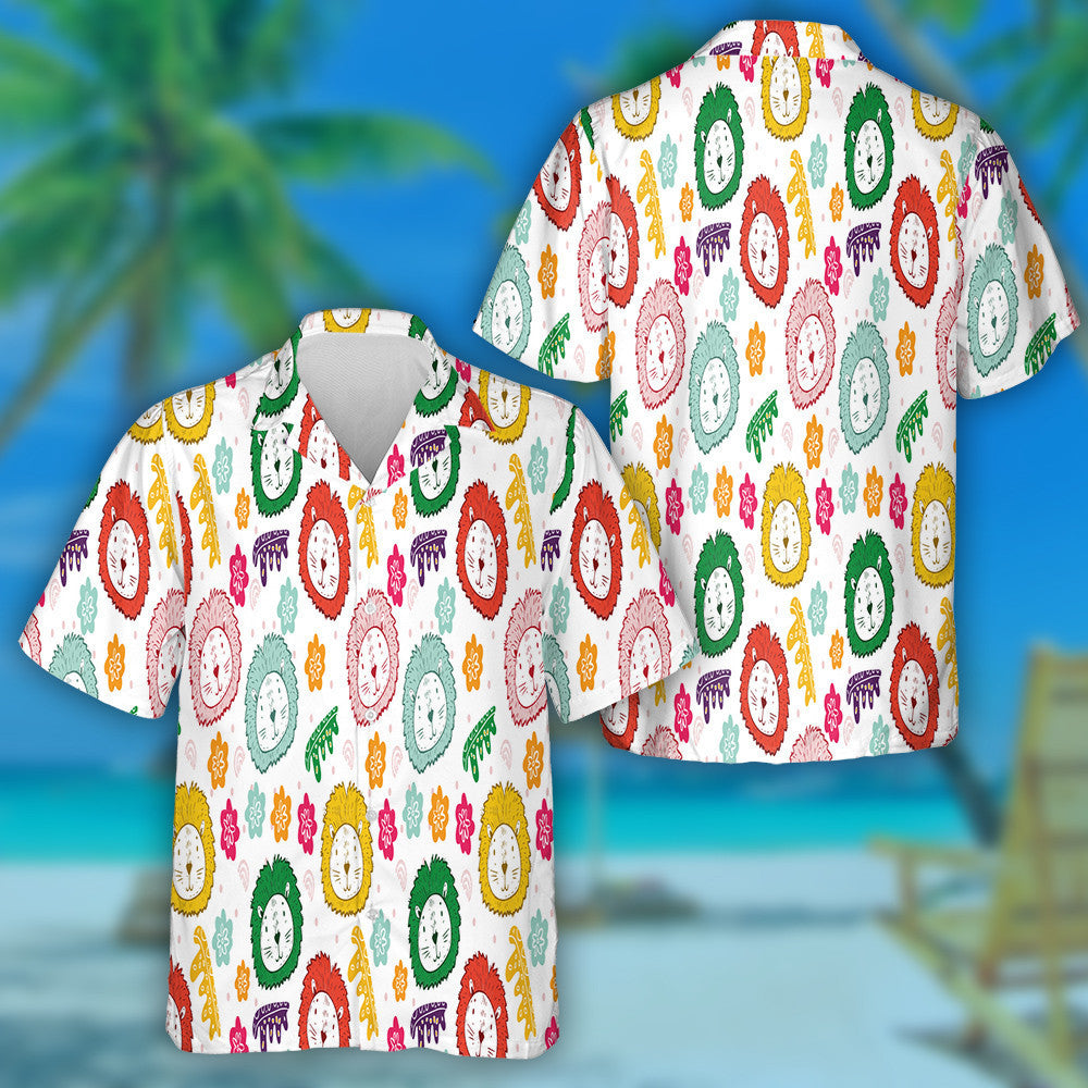 Colorful Lion Face With Flower On White Background Hawaiian Shirt, Hawaiian Shirt Gift, Christmas Gift