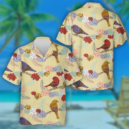 Beautiful Bird Sitting On Branch With Colorful Flower Hawaiian Shirt, Hawaiian Shirt Gift, Christmas Gift
