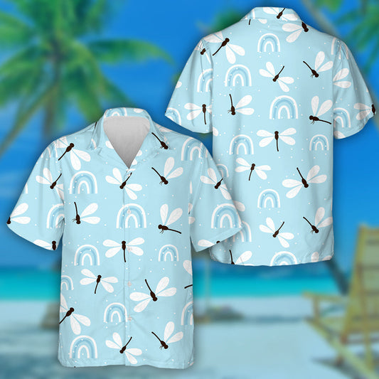 Bright Blue Flying Dragonfly And Rainbows Hawaiian Shirt, Hawaiian For Gift