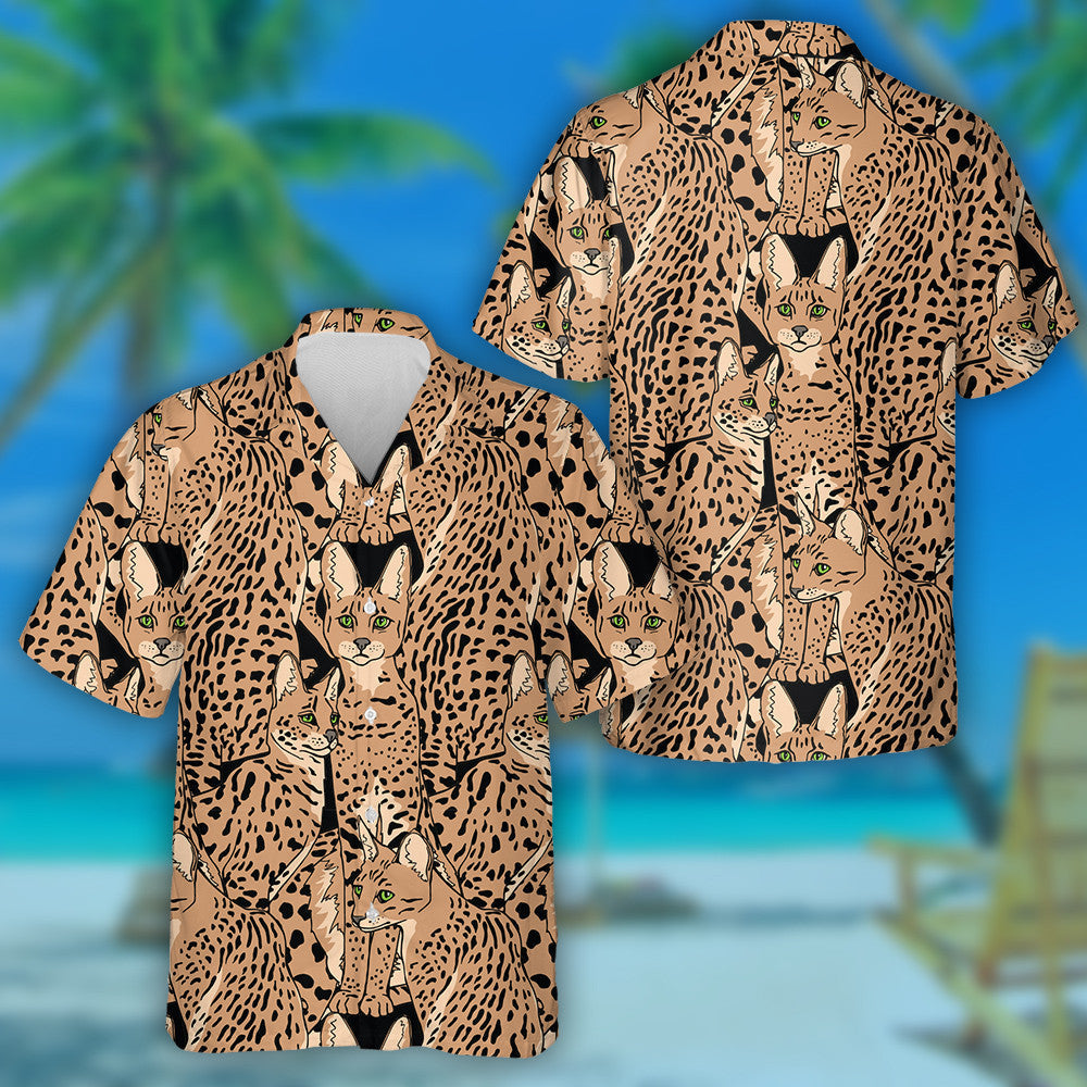 Beige Graceful Wild Cats African Serval Characters Hawaiian Shirt, Hawaiian Shirt Gift, Christmas Gift