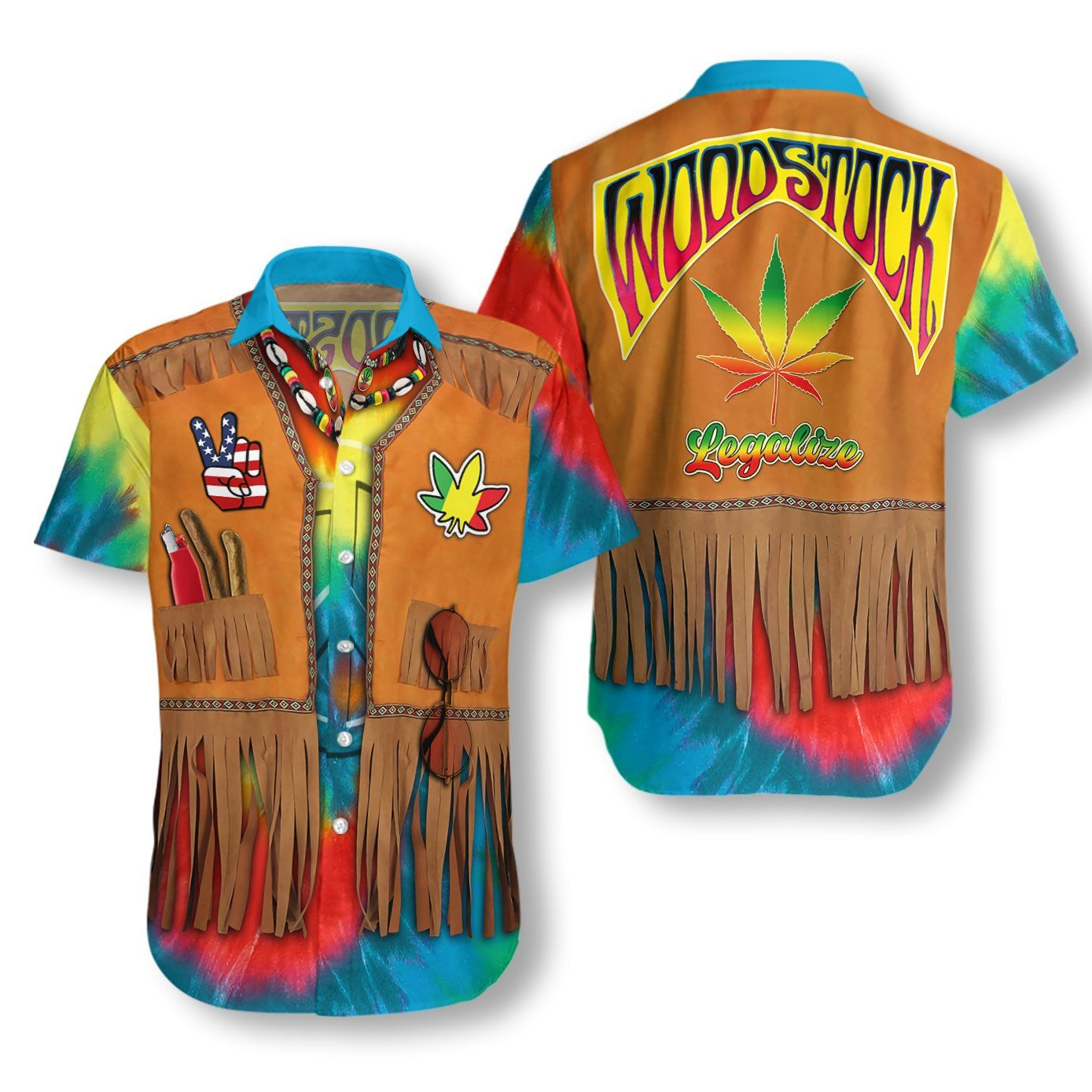 Hippie Costume On Orange Blue Background Pattern Hawaiian Shirt, Hawaiian Shirt Gift, Christmas Gift