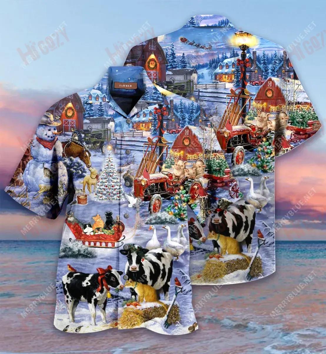 Christmas Night On The Farm Short Hawaiian Shirt Hobbies Short Sleeve Custom Hawaiian Shirts Hawaiian Shirts For Women, Hawaiian Shirt Gift, Christmas Gift
