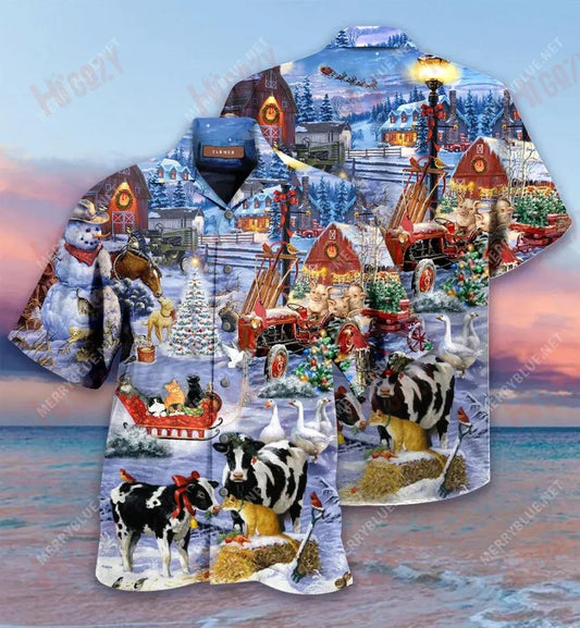 Christmas Night On The Farm Short Hawaiian Shirt Hobbies Short Sleeve Custom Hawaiian Shirts Hawaiian Shirts For Women, Hawaiian Shirt Gift, Christmas Gift