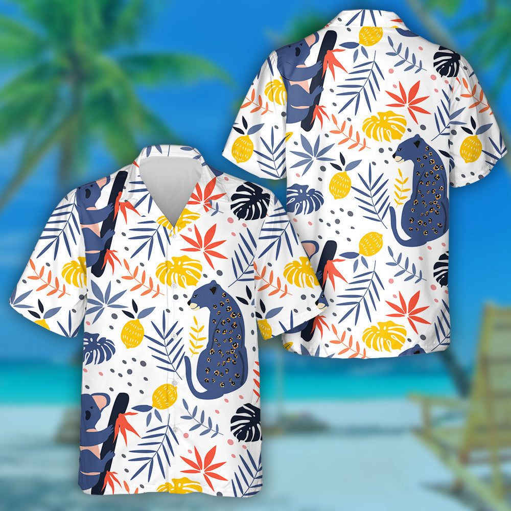 Wild Animals Leopard With Koala And Palm Leaves Hawaiian Shirt, Hawaiian Shirt Gift, Christmas Gift