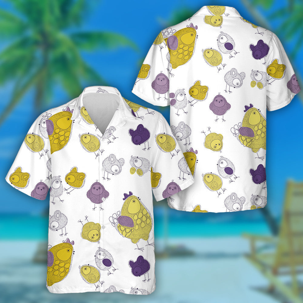Funny Colorful Hen And Chicken On White Background Hawaiian Shirt, Hawaiian Shirt Gift, Christmas Gift