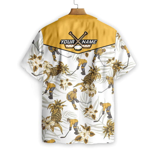 Hockey Pineapple Seamless Pattern White Theme Custom Name Hawaiian Shirt, Hawaiian Shirt Gift, Christmas Gift