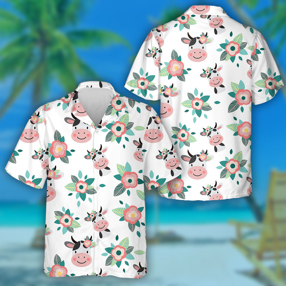 Cow With Flowers On A White Background Hawaiian Shirt,Hawaiian Shirt Gift, Christmas Gift