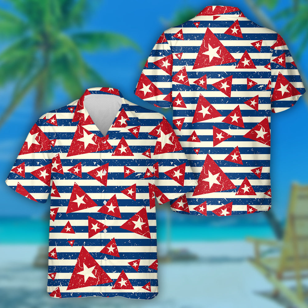 Inspired Triangle Star Monochrome Dark Blue White Striped Hawaiian Shirt, Hawaiian Shirt Gift, Christmas Gift
