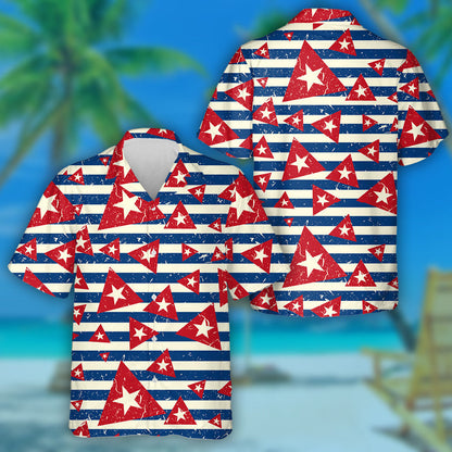 Inspired Triangle Star Monochrome Dark Blue White Striped Hawaiian Shirt, Hawaiian Shirt Gift, Christmas Gift