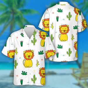 Adorable Lion With Cactus Grass And Footprint Hawaiian Shirt, Hawaiian Shirt Gift, Christmas Gift