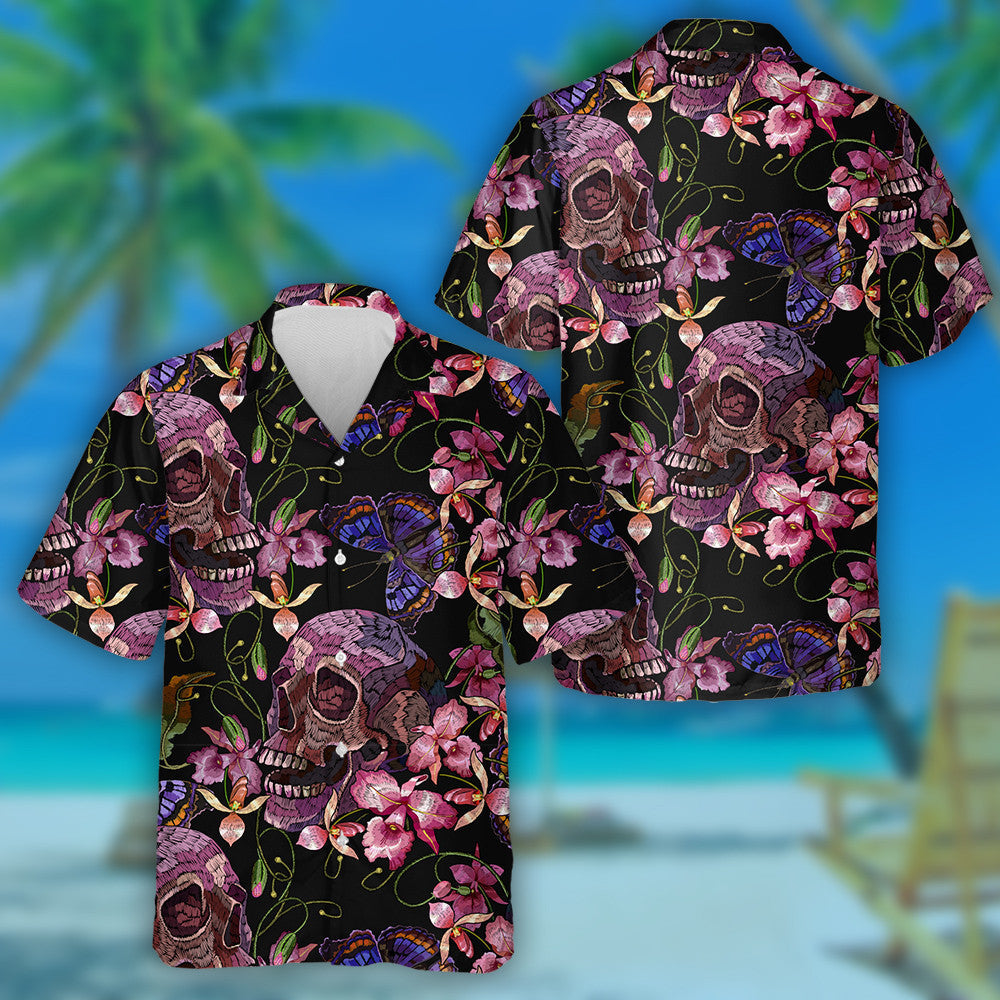 Spring Theme Embroidery Skull Butterflies And Pink Orchid Hawaiian Shirt, Hawaiian Shirt Gift, Christmas Gift