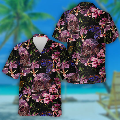 Spring Theme Embroidery Skull Butterflies And Pink Orchid Hawaiian Shirt, Hawaiian Shirt Gift, Christmas Gift