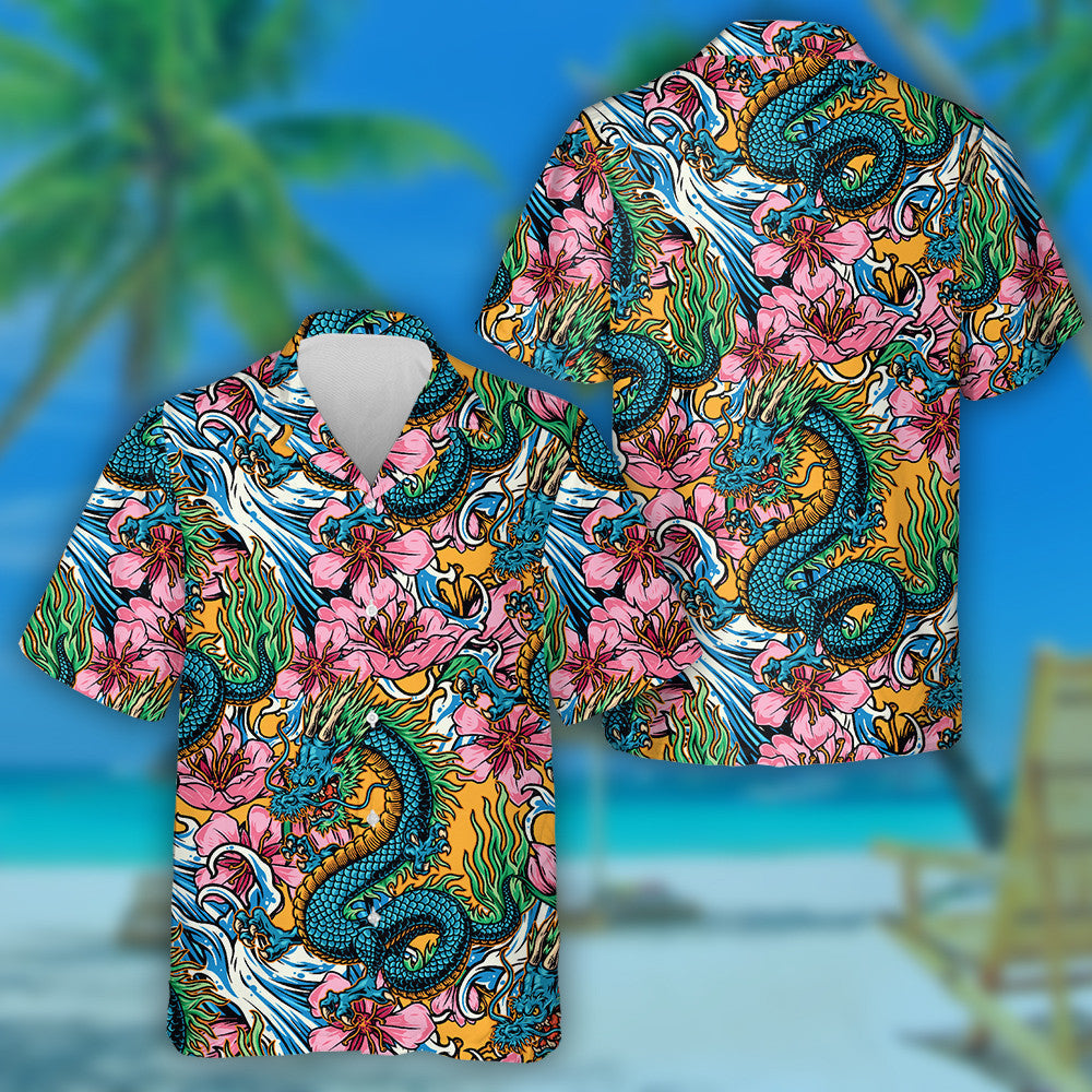 Horned Fantasy Dragon Sea Waves And Sakura Flowers Hawaiian Shirt, Hawaiian Shirt Gift, Christmas Gift