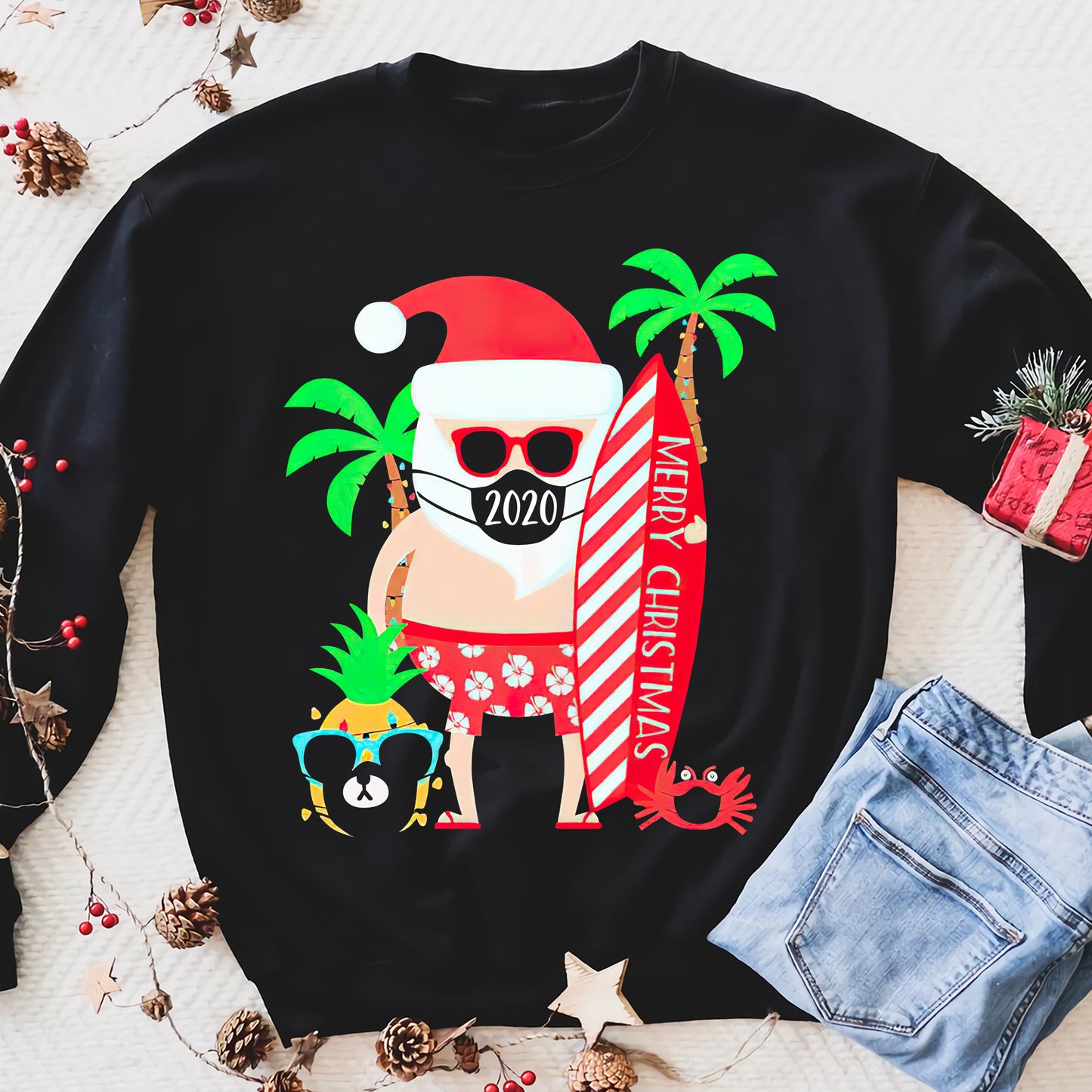 Lustiges Weihnachtsgeschenk zum Thema Surfen 2020 für den Surfer-Weihnachtsmann mit Maske – Lustige Sweatshirt-Geschenke, hässlicher Weihnachtspullover für Männer und Frauen