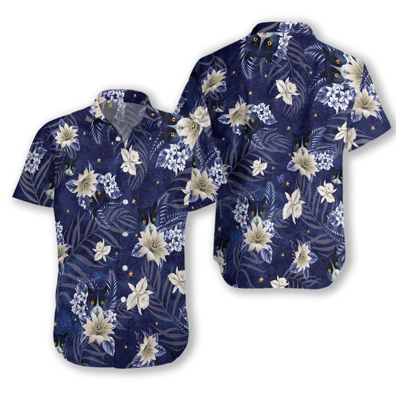 Black Cat With White Flower Pattern Blue Design Hawaiian Shirt, Hawaiian Shirt Gift, Christmas Gift