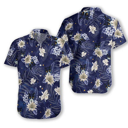 Black Cat With White Flower Pattern Blue Design Hawaiian Shirt, Hawaiian Shirt Gift, Christmas Gift