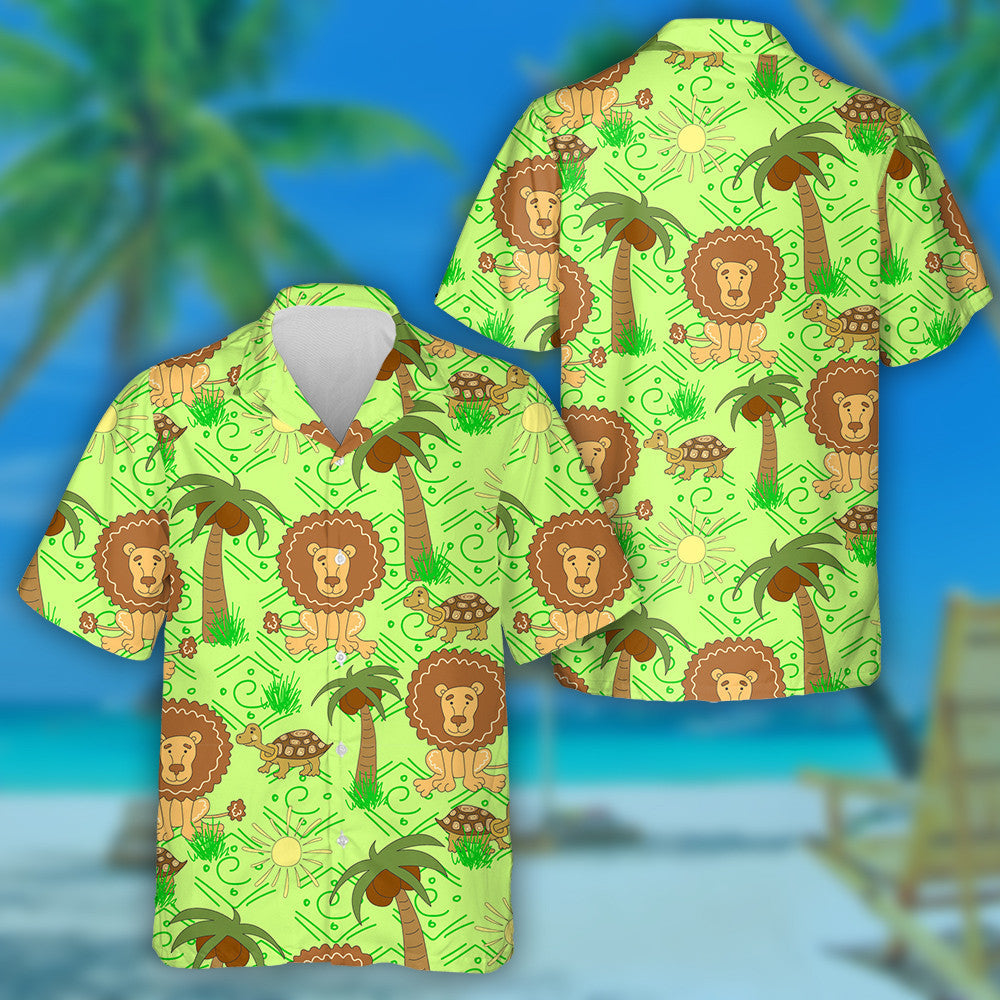 Funny Turtle Lion Palm Tree Sun And Grass Hawaiian Shirt, Hawaiian Shirt Gift, Christmas Gift