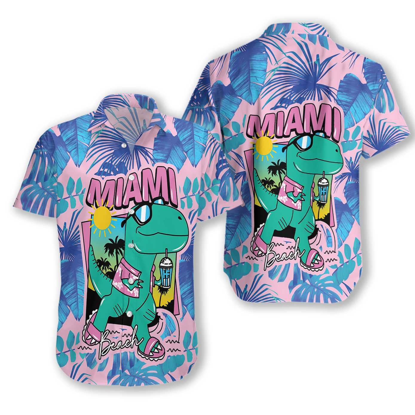 Cool T- Rex Dinosaur Blue Leave Pink Theme Hawaiian Shirt, Hawaiian Shirt Gift, Christmas Gift