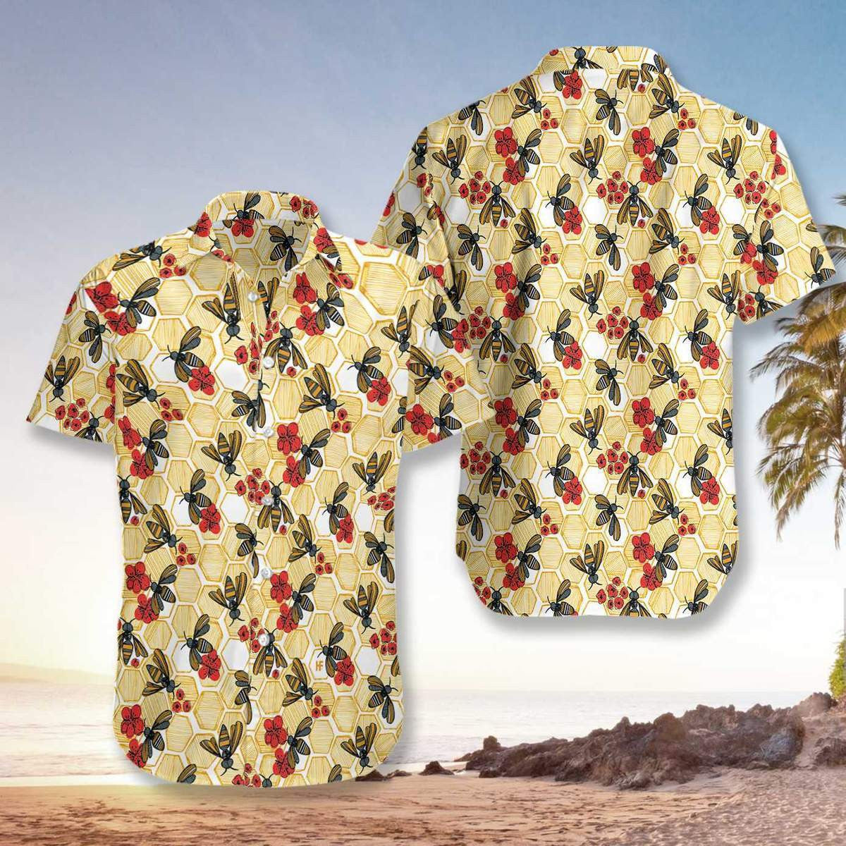 Honey Bee Hexagon On Cream Background Pattern Hawaiian Shirt, Hawaiian Shirt Gift, Christmas Gift