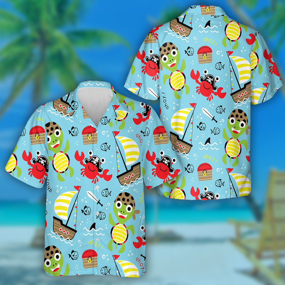 Funny Pirate Cartoon Turtle With Crab Hawaiian Shirt,Hawaiian Shirt Gift, Christmas Gift