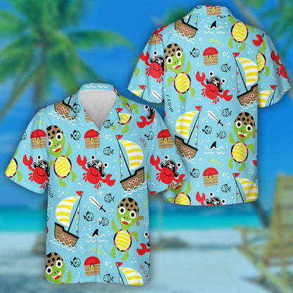 Funny Pirate Cartoon Turtle With Crab Hawaiian Shirt,Hawaiian Shirt Gift, Christmas Gift