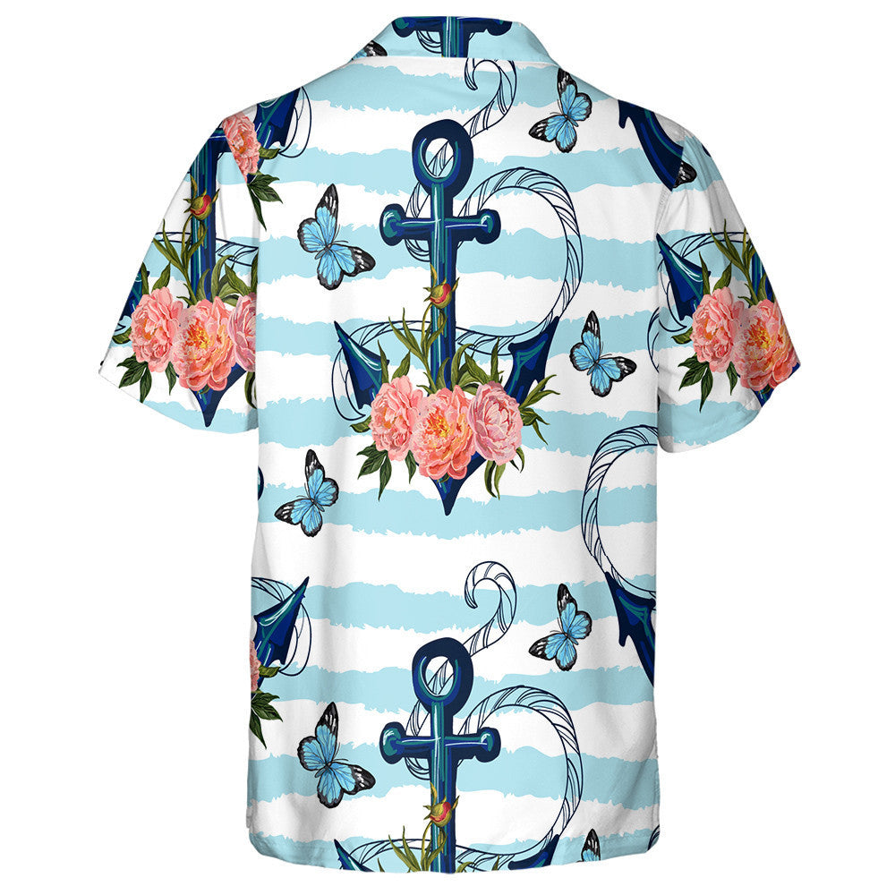 Theme Sea Anchor Peonies And Butterflies Hawaiian Shirt,Hawaiian Shirt Gift, Christmas Gift