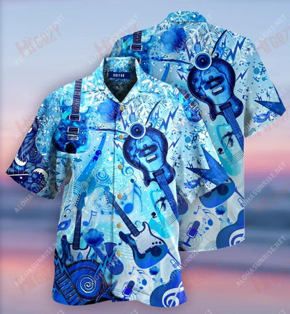 Blue Ice Guitar Short Hawaiian Shirt Hobbies Short Sleeve Tactical Hawaiian Shirt Funny Hawaiian Shirts, Hawaiian Shirt Gift, Christmas Gift