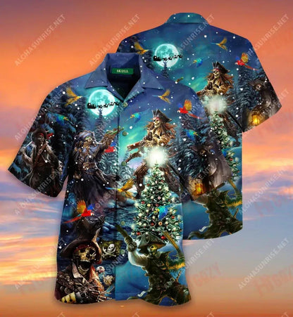 Christmas Pirate Skull Unisex Short Short Sleeve Shirt Vacation Hawaiian T Shirts Hawaiian Crazy Shirts Hawaiian Shirt Pattern, Hawaiian Shirt Gift, Christmas Gift