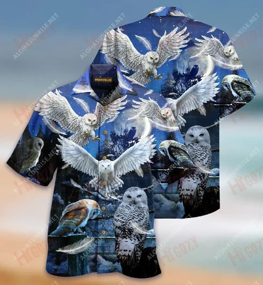 Owls Sing At Silent Night Unisex Hawaiian Shirt Vacation Short Sleeve Tactical Hawaiian Shirt Hawaiian Shirt Pattern, Hawaiian Shirt Gift, Christmas Gift