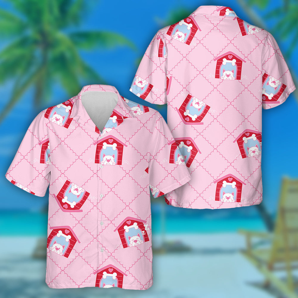 Cartoon Dog And House On Pink Isolated Background Hawaiian Shirt, Hawaiian Shirt Gift, Christmas Gift